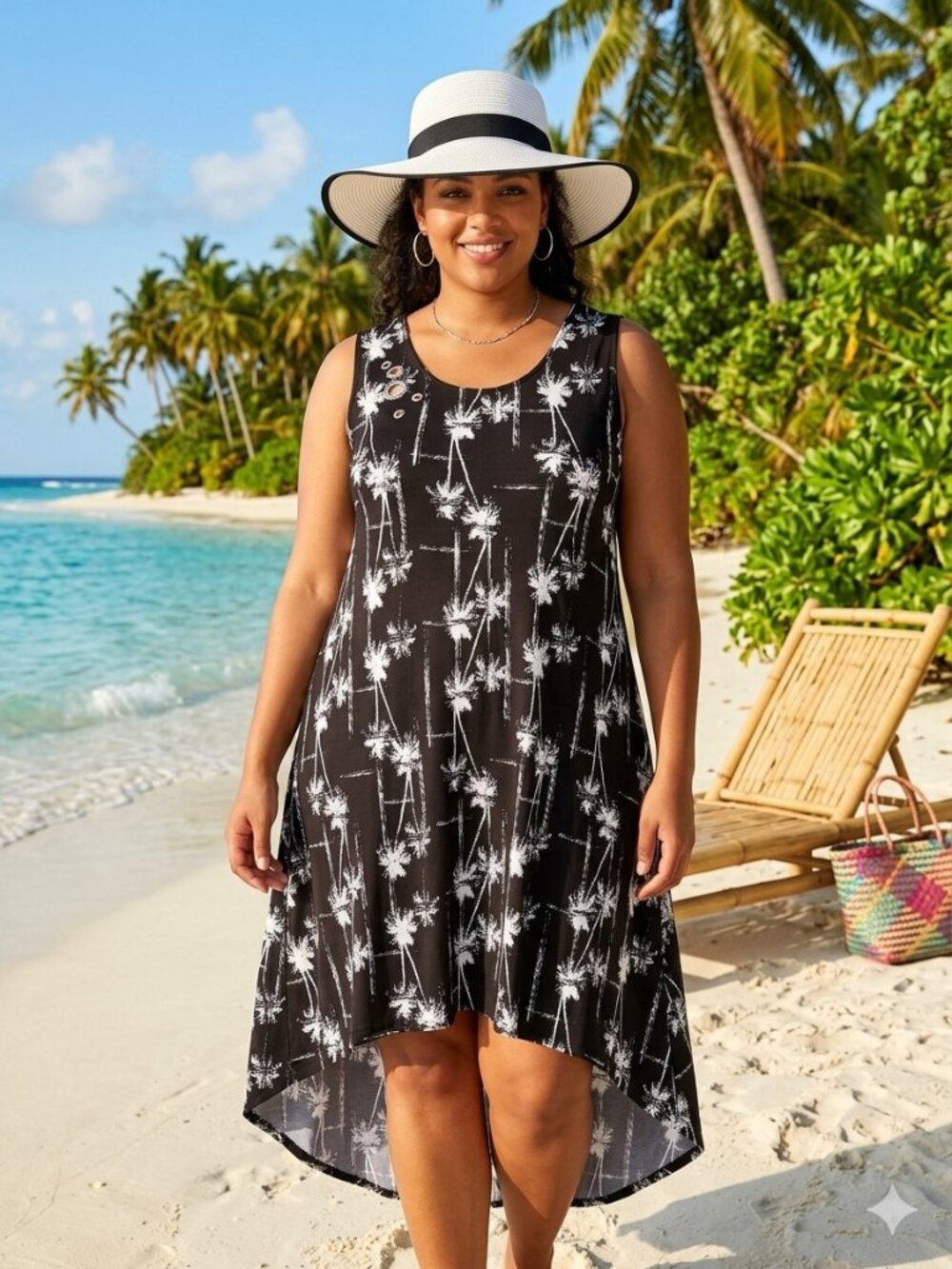 Summer Sleeveless Hi Low Dress Black White XL